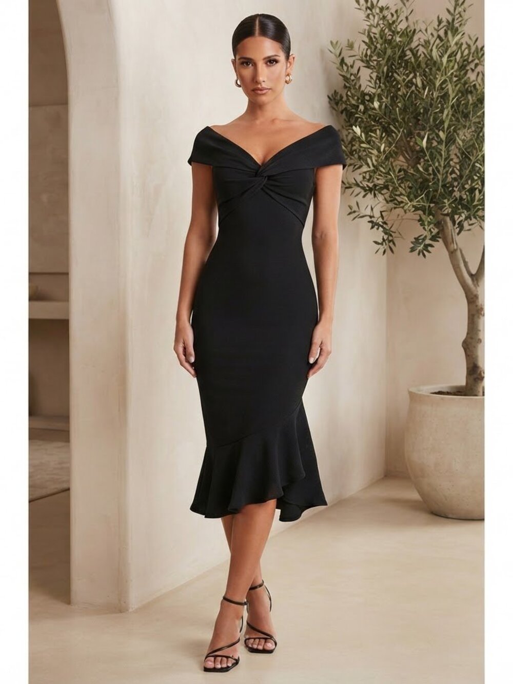 PrettyLittleThing Black Twist Front Off The Shoulder Ruffle Hem Midi Dress US‎ 6